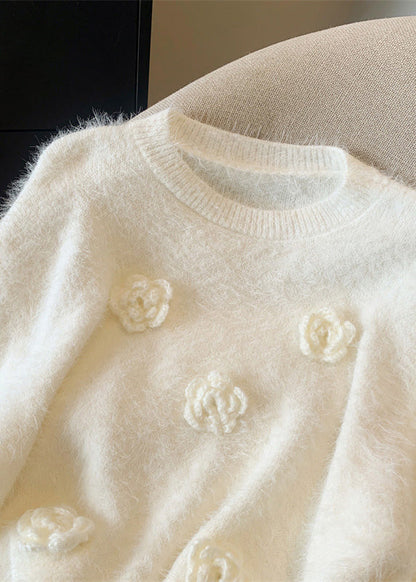 White O-neck Mink Hair Knitted Sweaters Winter Wr033