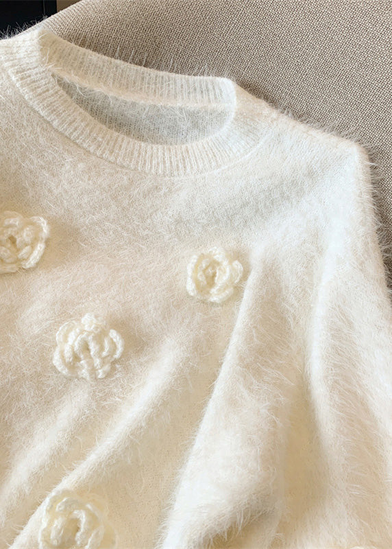 White O-neck Mink Hair Knitted Sweaters Winter Wr033