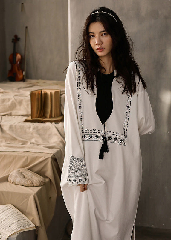 White O-neck Print Side Open Cotton Long Dress Spring Ly1888