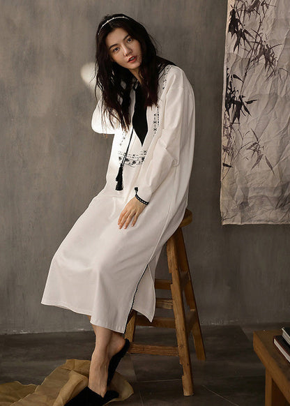 White O-neck Print Side Open Cotton Long Dress Spring Ly1888