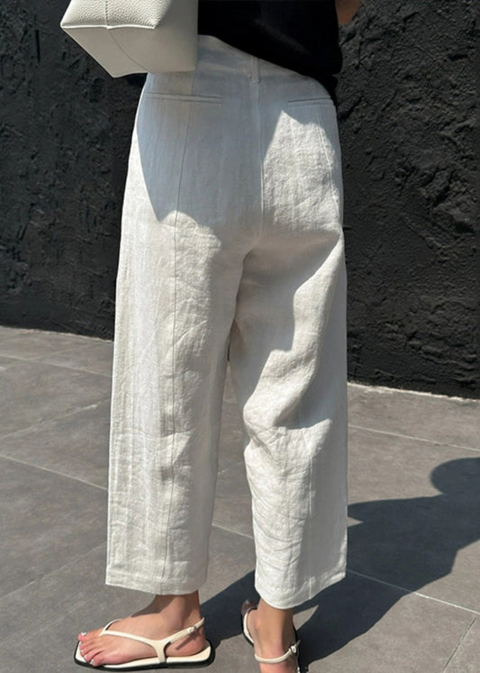 White Patchwork Pockets High Waist Linen Crop Pants Summer Vb1033