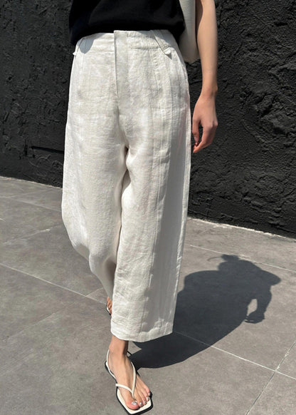 White Patchwork Pockets High Waist Linen Crop Pants Summer Vb1033