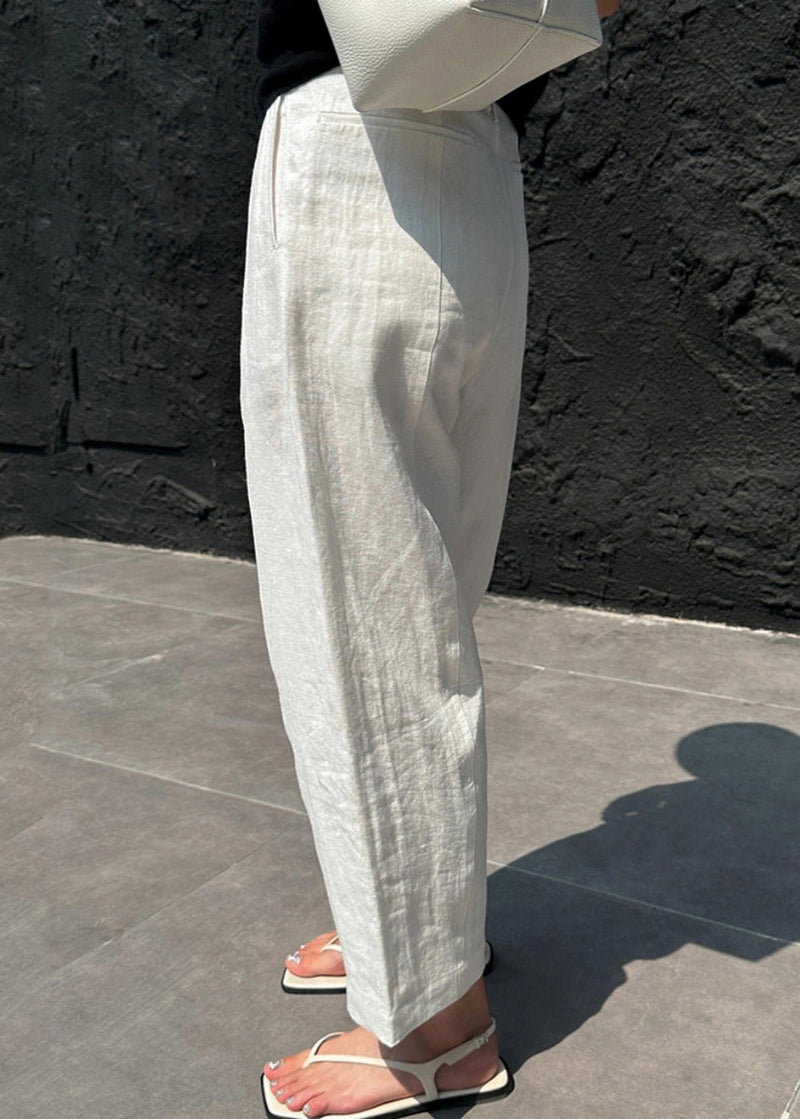 White Patchwork Pockets High Waist Linen Crop Pants Summer Vb1033