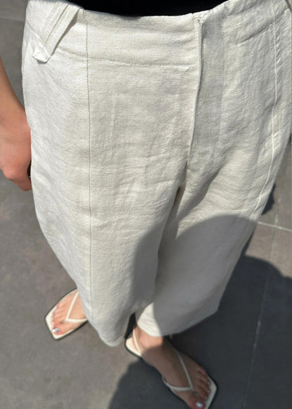 White Patchwork Pockets High Waist Linen Crop Pants Summer Vb1033