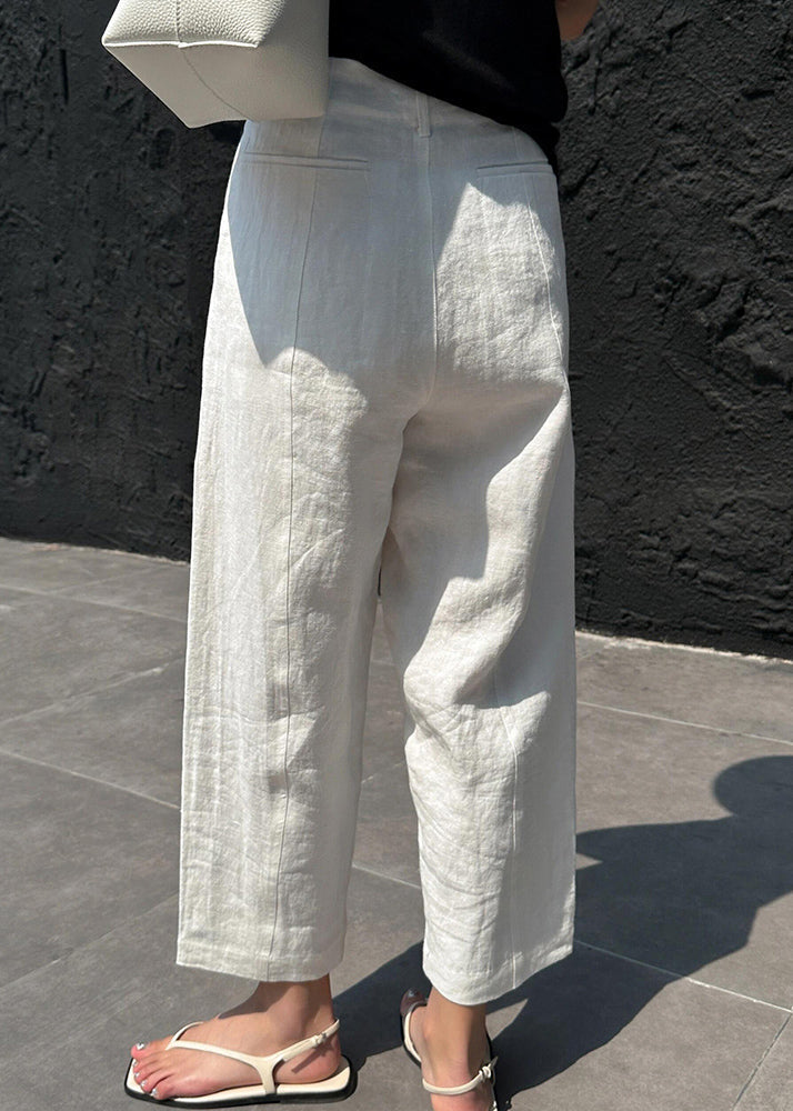 White Patchwork Pockets High Waist Linen Crop Pants Summer Vb1033