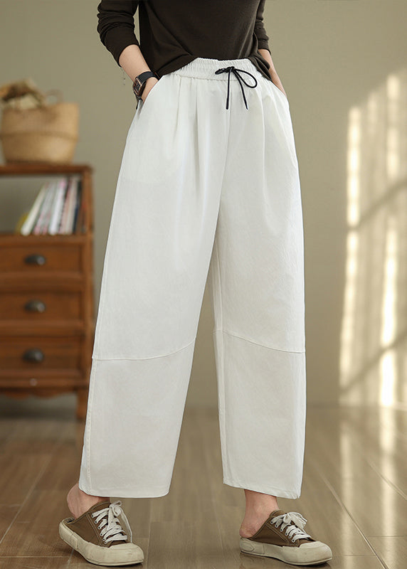 White Pockets Drawstring Cotton Pants Fall Qo048