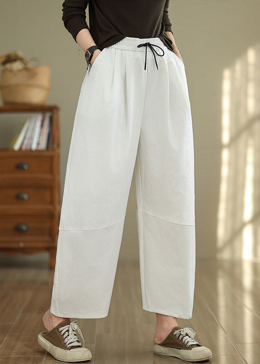White Pockets Drawstring Cotton Pants Fall Qo048