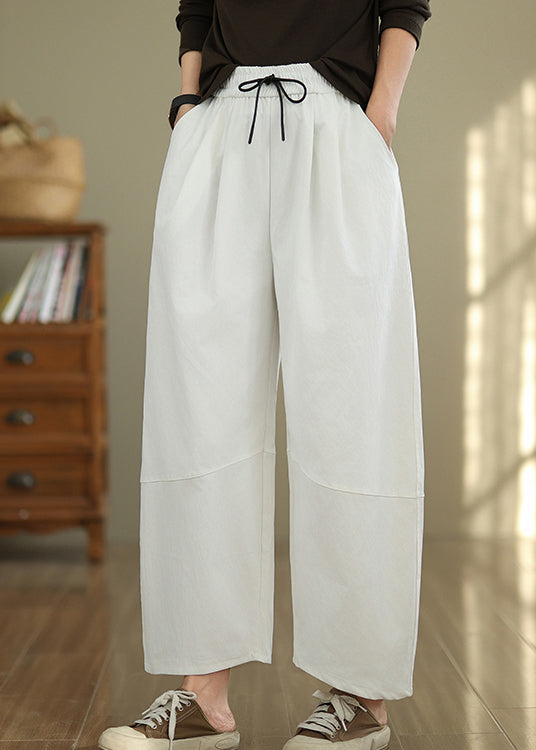 White Pockets Drawstring Cotton Pants Fall Qo048