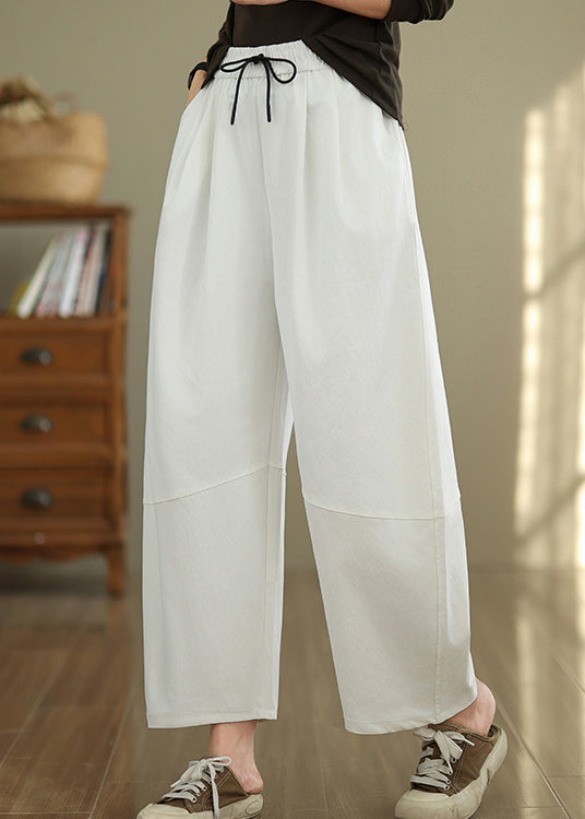 White Pockets Drawstring Cotton Pants Fall Qo048