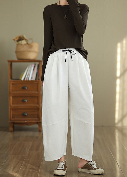 White Pockets Drawstring Cotton Pants Fall Qo048