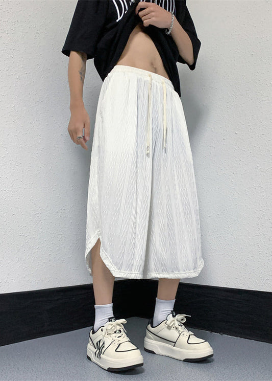 White Pockets Elastic Waist Ice Silk Crop Pants Yt019