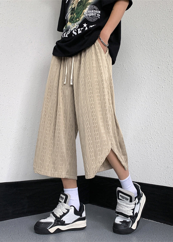 White Pockets Elastic Waist Ice Silk Crop Pants Yt019