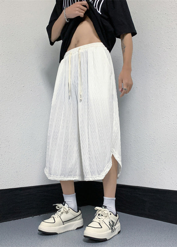 White Pockets Elastic Waist Ice Silk Crop Pants Yt019