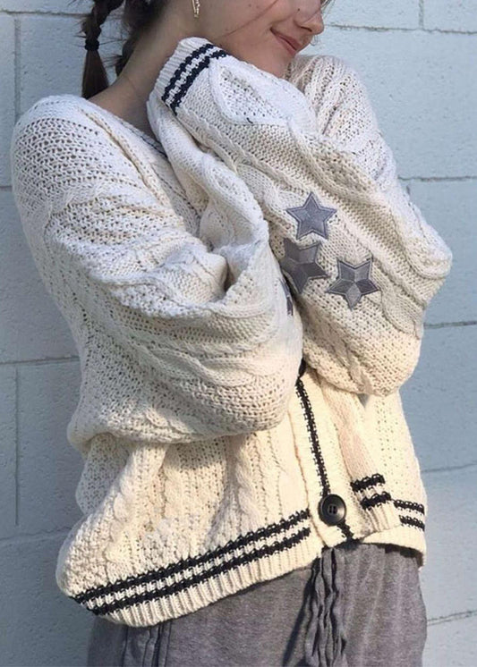 White V Neck Embroidered Knit Cardigan Fall Qy018