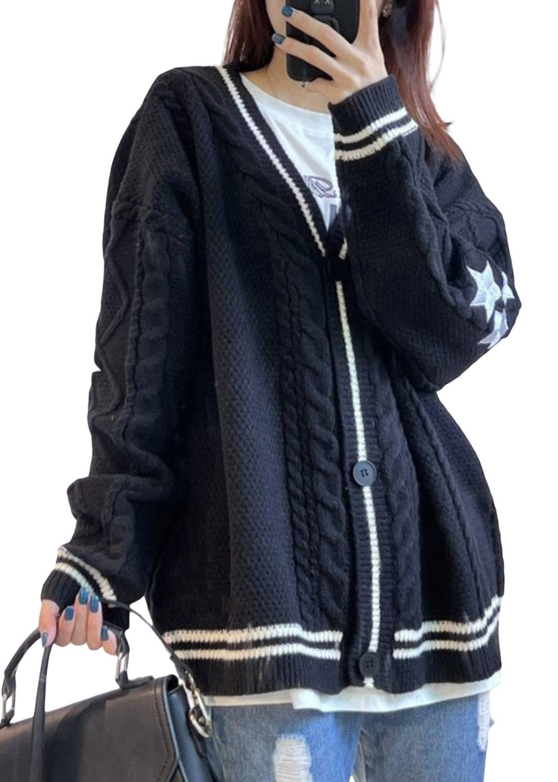 White V Neck Embroidered Knit Cardigan Fall Qy018