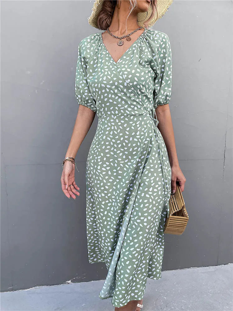 Chiffon Side Wrap Polka Dot Puff A-line Split Midi Dresses