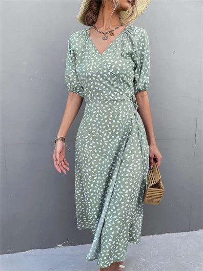 Chiffon Side Wrap Polka Dot Puff A-line Split Midi Dresses