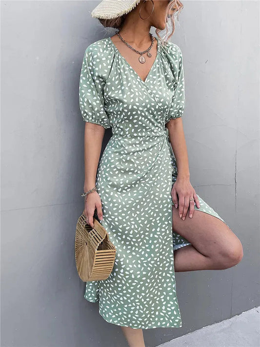 Chiffon Side Wrap Polka Dot Puff A-line Split Midi Dresses