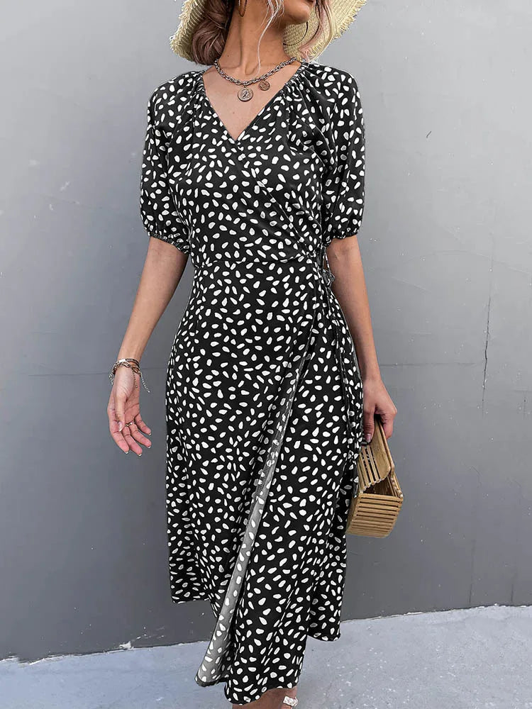 Chiffon Side Wrap Polka Dot Puff A-line Split Midi Dresses