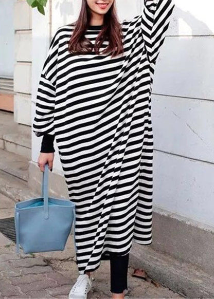 Crew Neck Batwing Sleeve Striped Black Long Sweatshirt Dress Lc0038