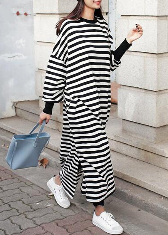 Crew Neck Batwing Sleeve Striped Black Long Sweatshirt Dress Lc0038