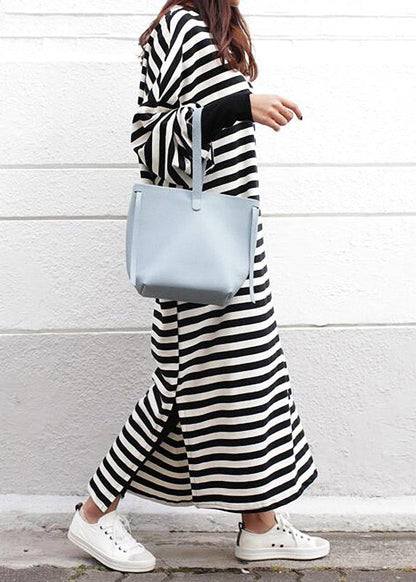 Crew Neck Batwing Sleeve Striped Black Long Sweatshirt Dress Lc0038