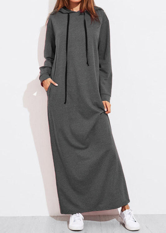 Color Full Sleeve Long Hooded Sweatshirt Dress Dark Gray Lc0020
