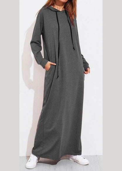 Color Full Sleeve Long Hooded Sweatshirt Dress Dark Gray Lc0020