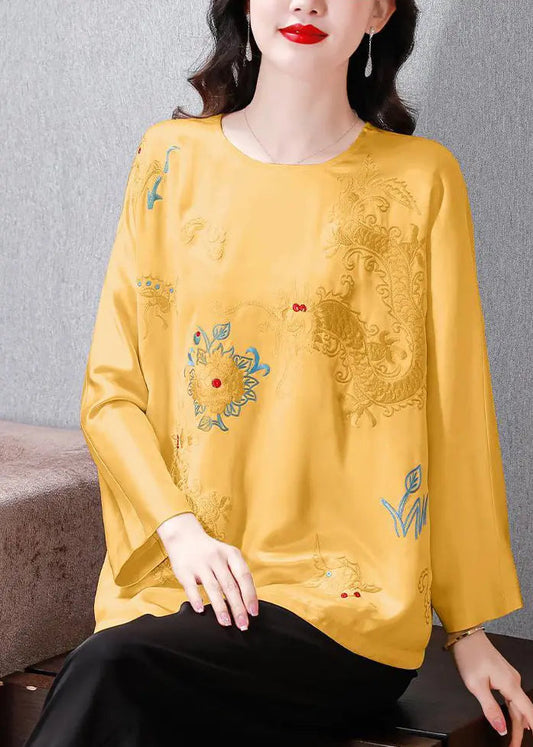 Yellow Embroidered Silk Blouse Tops Spring Ha1048