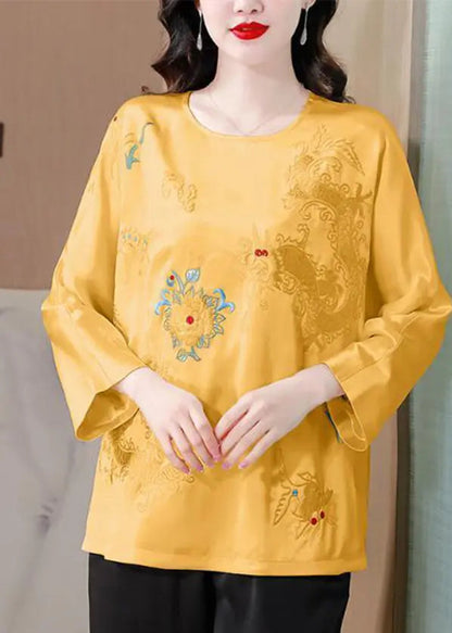 Yellow Embroidered Silk Blouse Tops Spring Ha1048