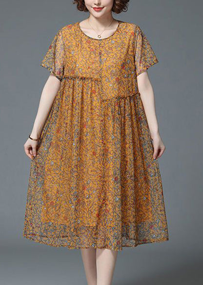 Yellow O-neck Print Patchwork Tulle Long Dresses Summer Vb1020