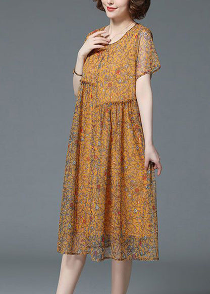 Yellow O-neck Print Patchwork Tulle Long Dresses Summer Vb1020