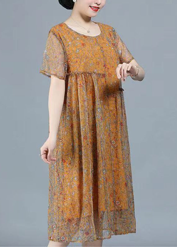 Yellow O-neck Print Patchwork Tulle Long Dresses Summer Vb1020