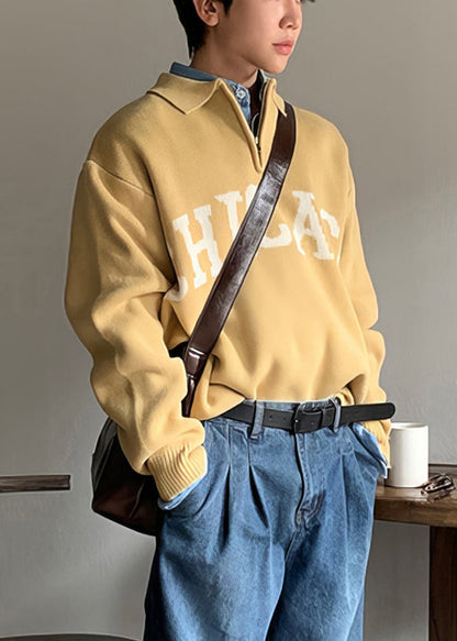 Yellow Peter Pan Collar Letter Knit Sweaters Spring Tk009