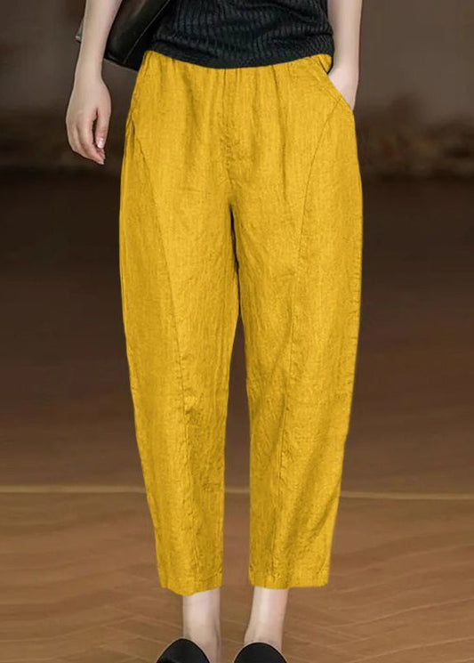 Yellow Pockets Elastic Waist Cotton Crop Pants Summer Au1045