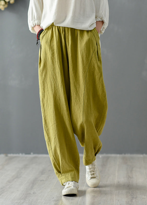 Yellow Pockets Elastic Waist Linen Pants Spring Tz046