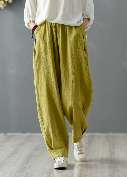 Yellow Pockets Elastic Waist Linen Pants Spring Tz046