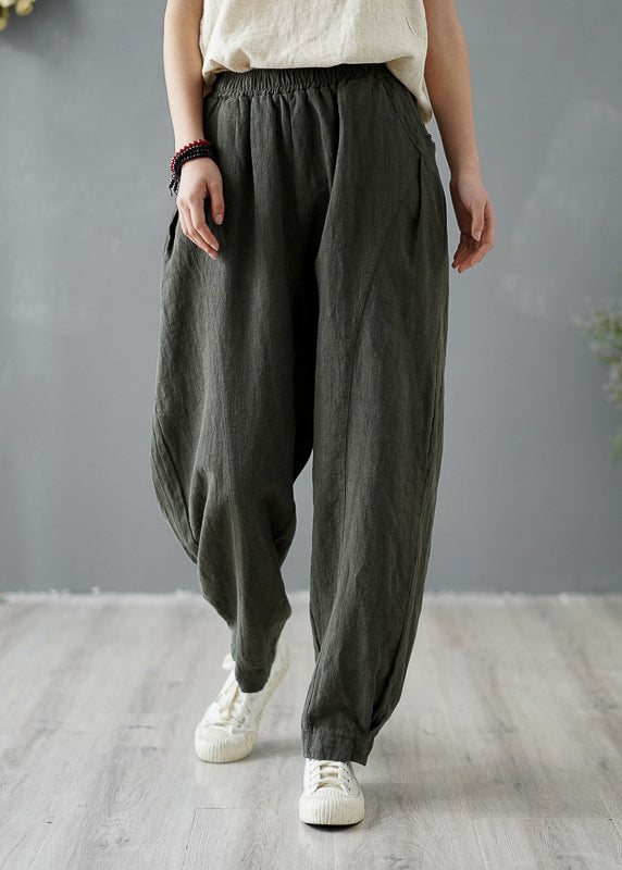Yellow Pockets Elastic Waist Linen Pants Spring Tz046