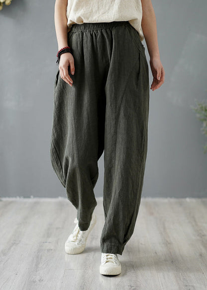 Yellow Pockets Elastic Waist Linen Pants Spring Tz046