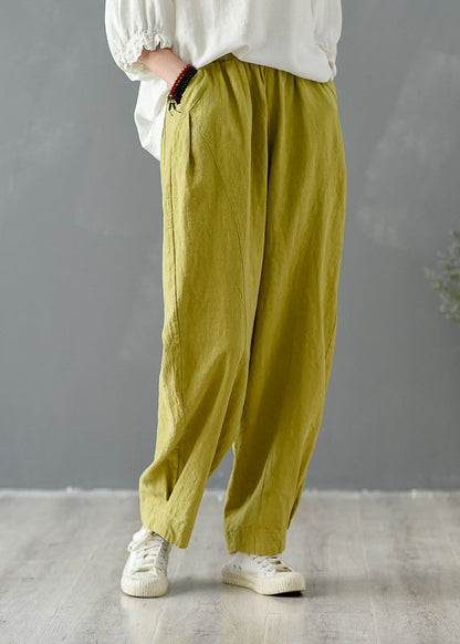 Yellow Pockets Elastic Waist Linen Pants Spring Tz046