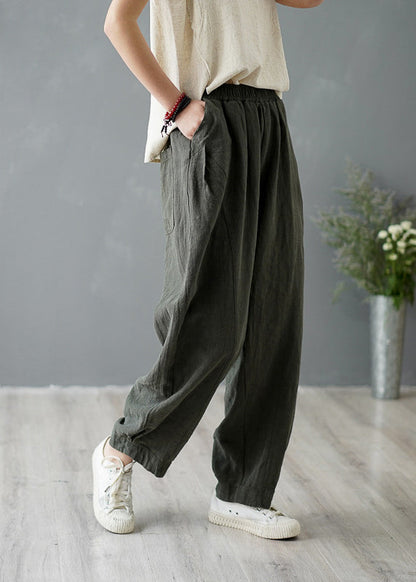 Yellow Pockets Elastic Waist Linen Pants Spring Tz046