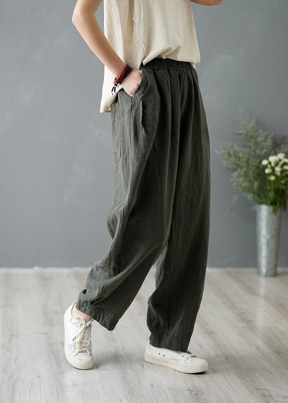 Yellow Pockets Elastic Waist Linen Pants Spring Tz046
