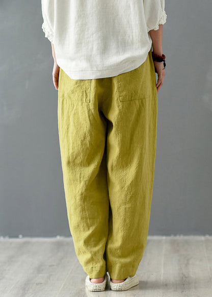 Yellow Pockets Elastic Waist Linen Pants Spring Tz046