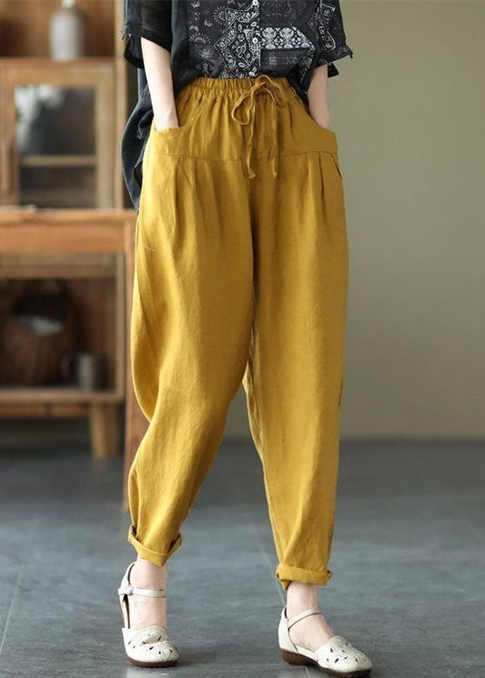 Yellow Pockets Patchwork Elastic Waist Linen Pants Summer Ly0584