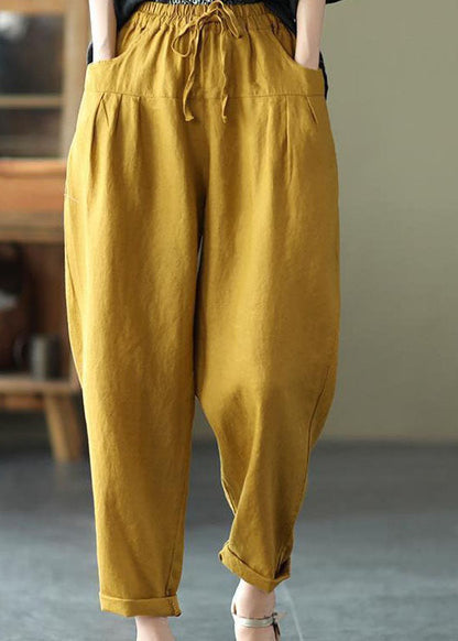 Yellow Pockets Patchwork Elastic Waist Linen Pants Summer Ly0584