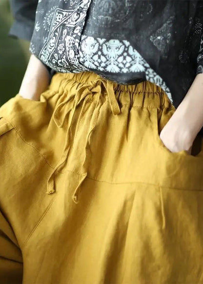 Yellow Pockets Patchwork Elastic Waist Linen Pants Summer Ly0584