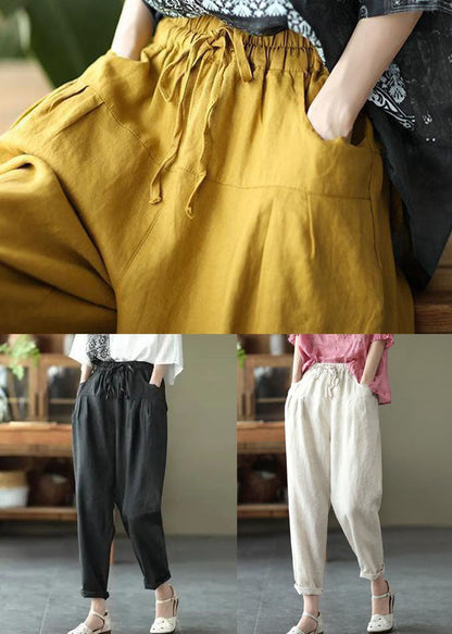 Yellow Pockets Patchwork Elastic Waist Linen Pants Summer Ly0584