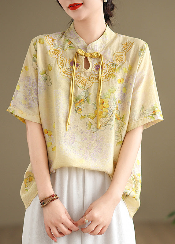 Yellow Tasseled Print Linen Blouses Summer Tm042