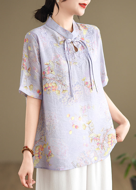 Yellow Tasseled Print Linen Blouses Summer Tm042