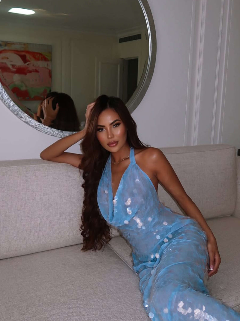 Melody | Iridescent Sequin Drape | Halter Maxi Dress